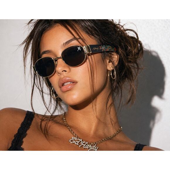 Ed Hardy Dragon Sunglasses Y2K Oval Tortoise Shades Black Gold Streetwear NWT main image 8